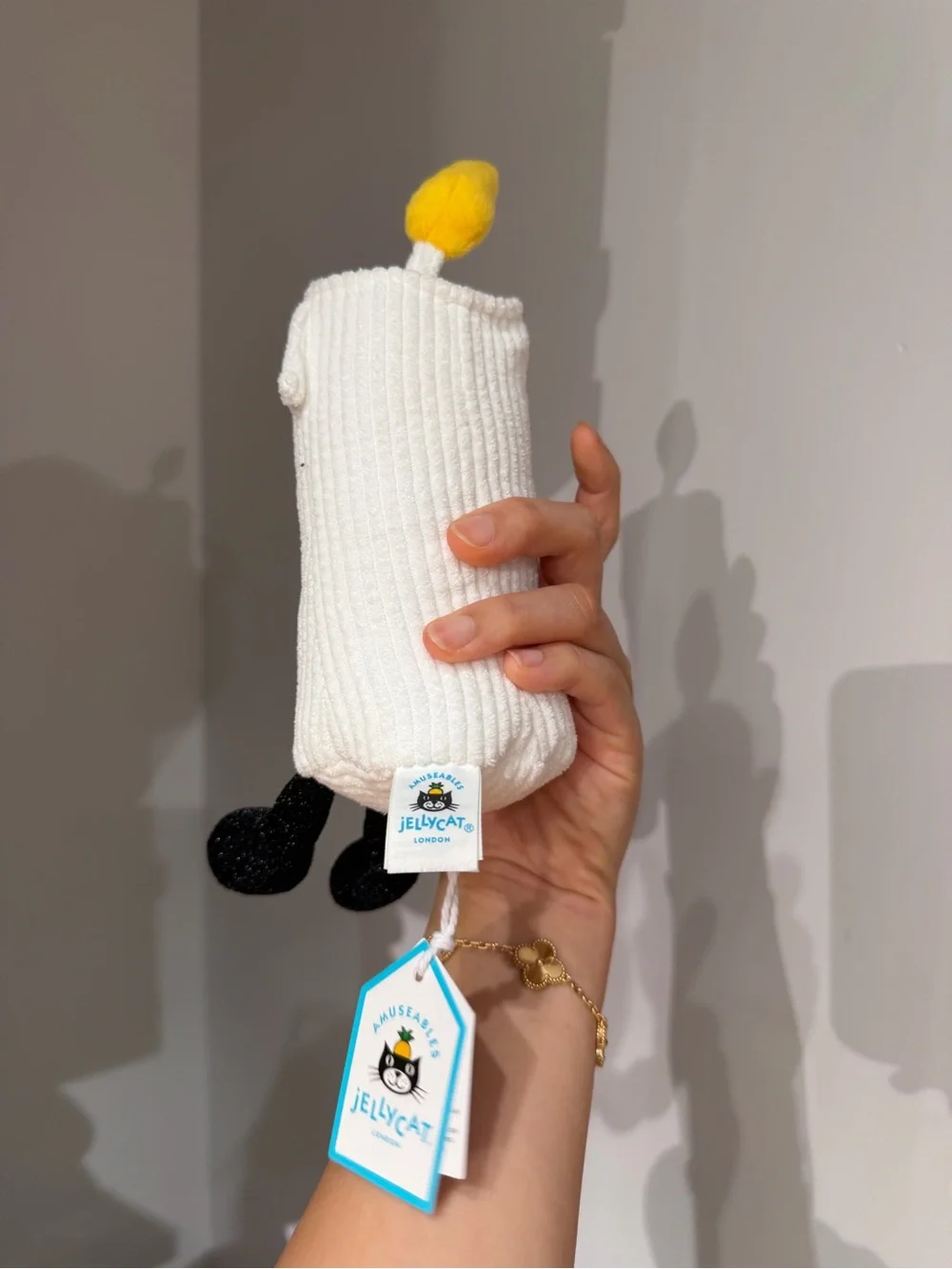 Jellycat White Plush Candle Toy with Yellow Flame and Black Features